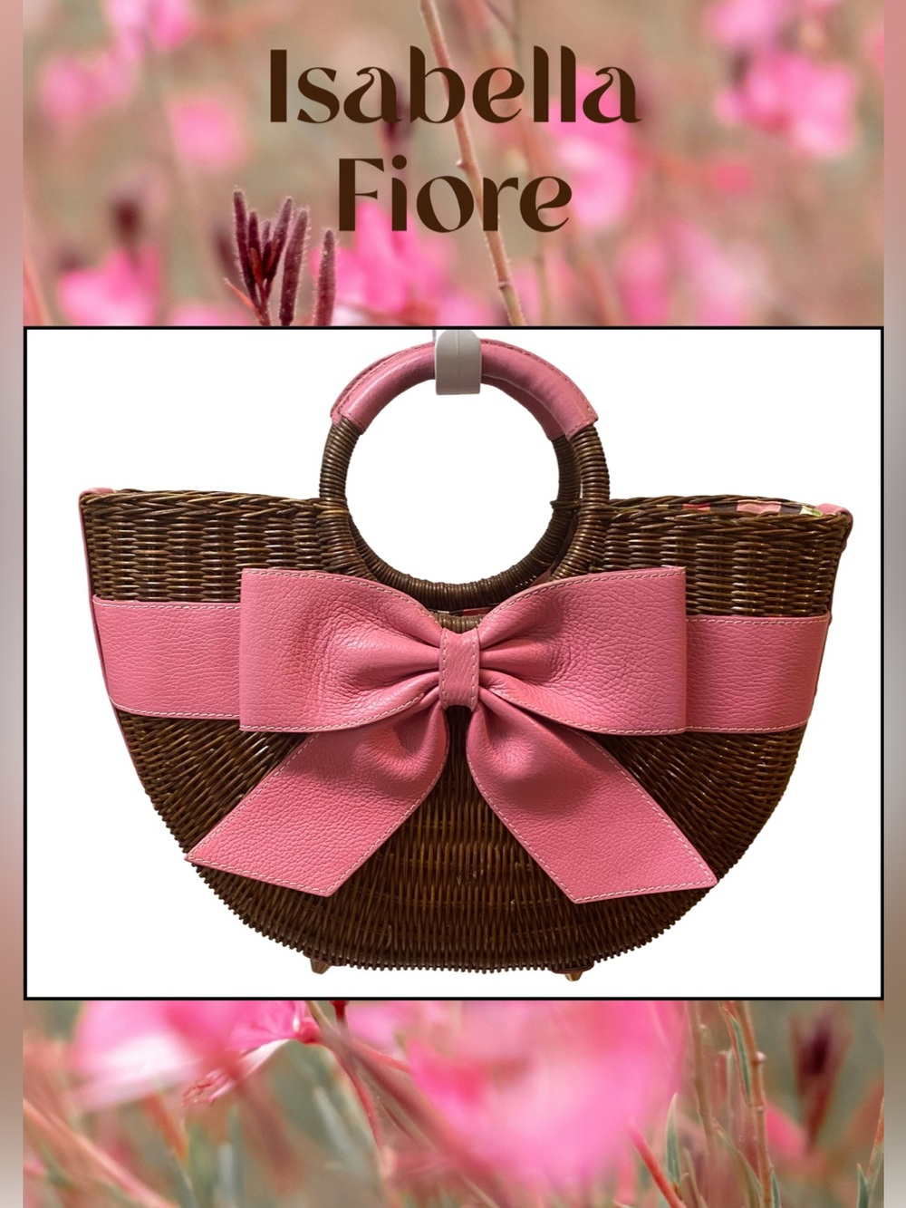 ISABELLA FIORE Large Size Pink Leather Bow Rattan Tote Handbag Purse Like New